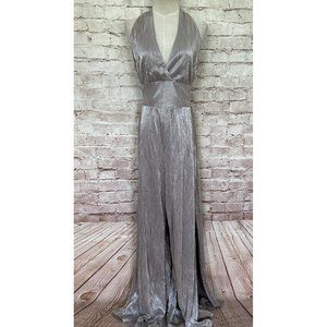 SUGAR + LIPS Shiny Metallic Disco Halter Wide Leg Jumpsuit Micro Pleated Size L